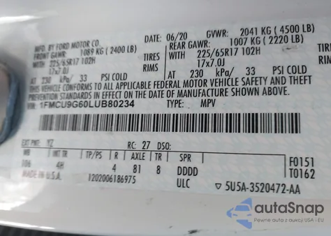 2020 Ford Escape Se from USA, damaged, VIN 1FMCU9G60LUB80234